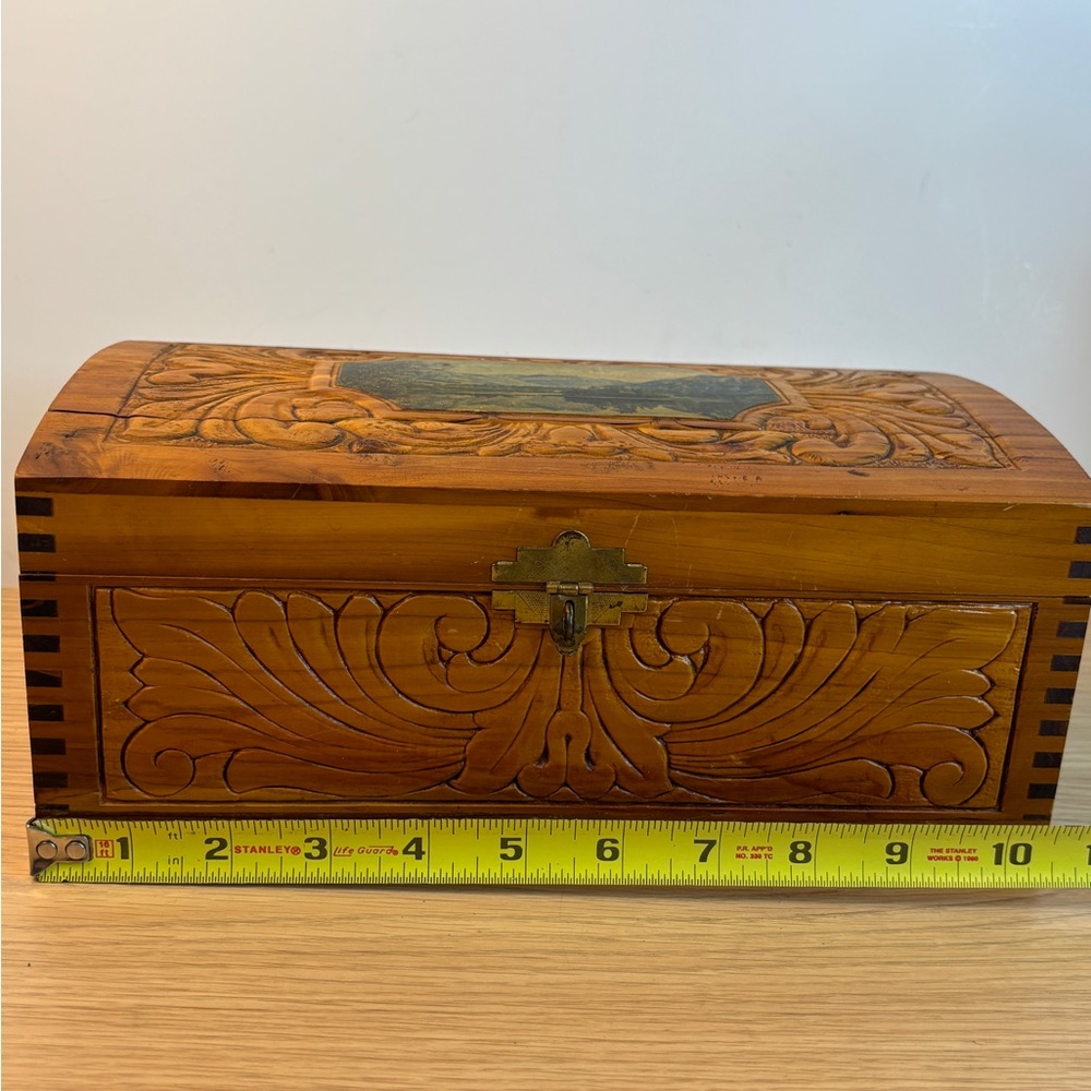 Vintage Hand-Carved Wooden Dovetail Box Scenic Inlay Mirror - Honey Brown - Picture 12 of 14